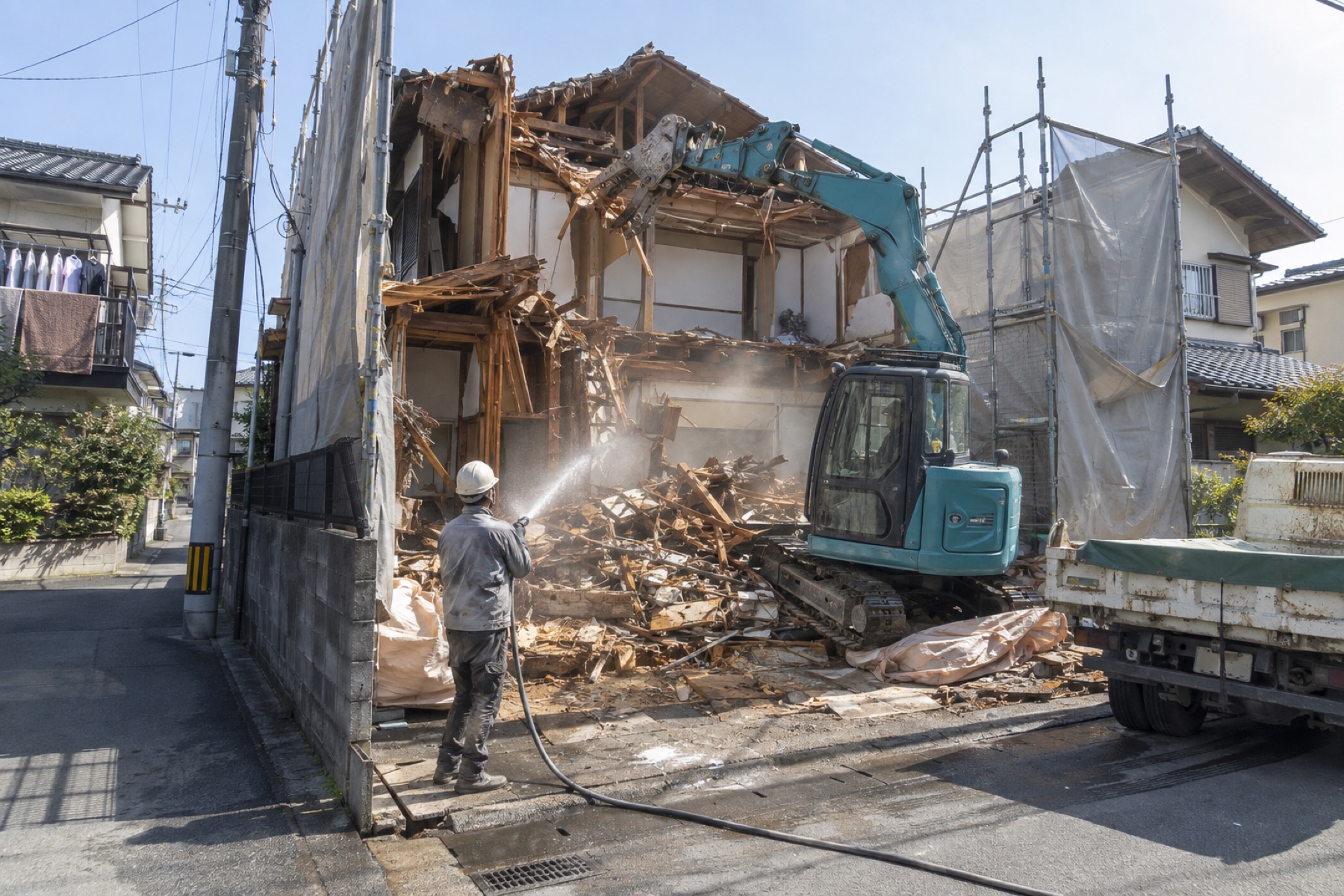 木造住宅の解体現場の全景