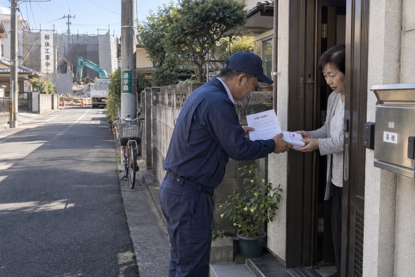 着工前にご近所へ工事のご案内を手渡す様子