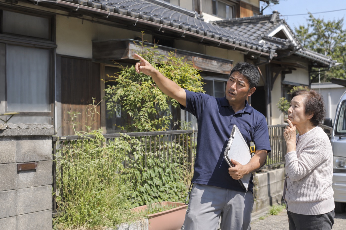 ブロック塀と庭木のある古い家の前で打ち合わせをする様子